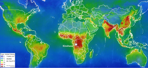 Globale verdeling van formaldehyde, gemeten door TROPOMI