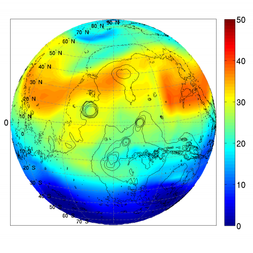Verdeling van H2O2  op Mars rond herfstequinox, zoals gesimuleerd door GEM-Mars