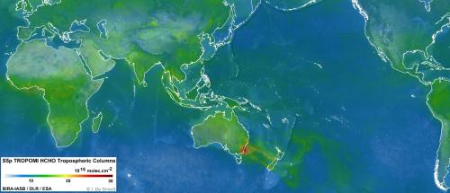 Average concentration of formaldehyde (HCHO) over the period of January 1 to January 5, 2020. Averaged data of plumes of HCHO appear more diffuse, partly due to the gas' short lifetime, but is still indicative of very large-scale emissions