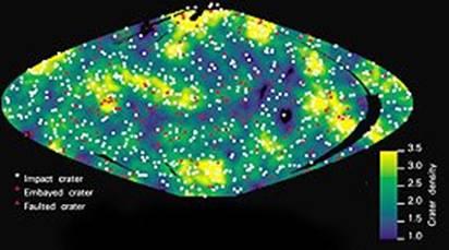 Les cratères d’impact sont répartis de manière aléatoire sur l’entièreté de la surface de Vénus. (credit: NASA) 