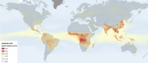 Distribution globale des colonnes troposphériques de glyoxal 