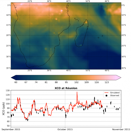 Map total column concentration of CO Réunion Island plot with values 