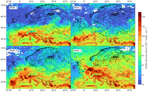 Weekly observations of formaldehyde columns over Europe